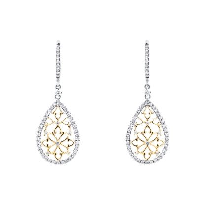 Floresco 18ct White & Yellow Gold 0.50ct Diamond Pear Filigree Drop Earrings