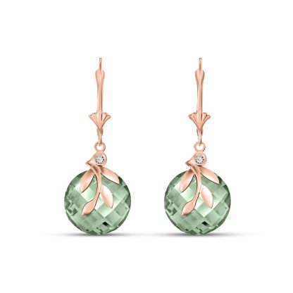 Green Amethyst & Diamond Beatrix Round Leaf Drop Earrings in 9ct Rose Gold