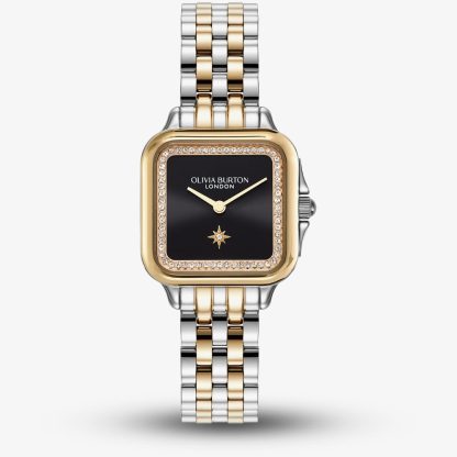 Olivia Burton Grosvenor Two Tone Crystal Black Square Dial Watch 24000124