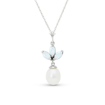 Opal & Pearl Maura Timeless Petal Pendant Necklace in 9ct White Gold