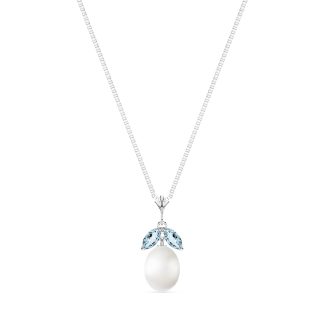 Pearl & Aquamarine Claudia Petal Drop Pendant Necklace in 9ct White Gold