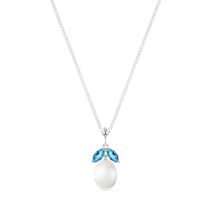 Pearl & Blue Topaz Claudia Petal Drop Pendant Necklace in 9ct White Gold