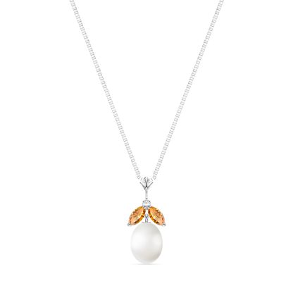 Pearl & Citrine Claudia Petal Drop Pendant Necklace in 9ct White Gold