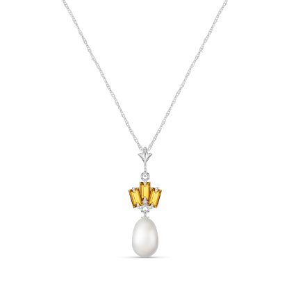 Pearl & Citrine Imogen Ternary Detailed Pendant Necklace in 9ct White Gold