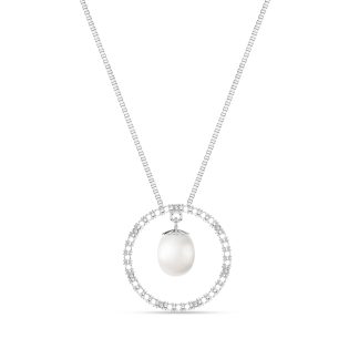 Pearl & Diamond Circle of Life Pendant Necklace in 9ct White Gold