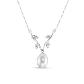 Pearl & Diamond Francie Vine Drop Pendant Necklace in 9ct White Gold