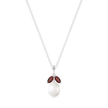 Pearl & Garnet Claudia Petal Drop Pendant Necklace in 9ct White Gold