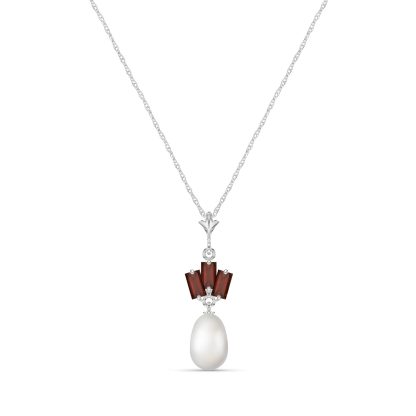 Pearl & Garnet Imogen Ternary Detailed Pendant Necklace in 9ct White Gold