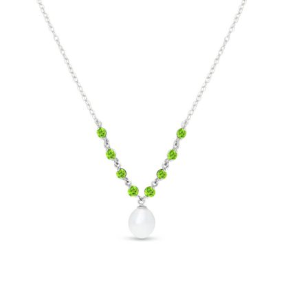 Pearl & Peridot Alice Feminine Embellished Pendant Necklace in 9ct White Gold