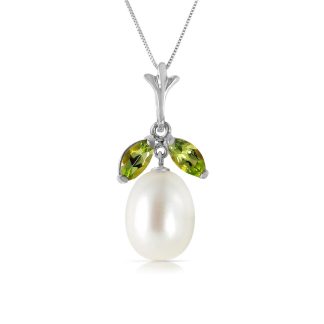 Pearl & Peridot Jessica Petal Drop Pendant Necklace in 9ct White Gold