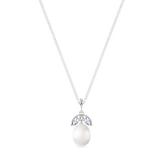 Pearl & White Topaz Claudia Petal Drop Pendant Necklace in 9ct White Gold