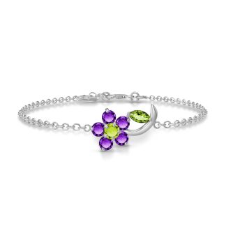 Peridot & Amethyst Elora Charming Flower Bracelet in 9ct White Gold