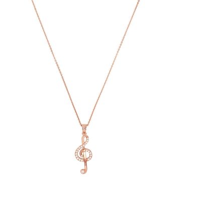 Rose Gold Coloured Sterling Silver Cubic Zirconia Music Note Pendant Necklace