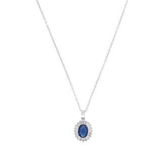 Silver Oval Cut Blue Stone Pendant Necklace