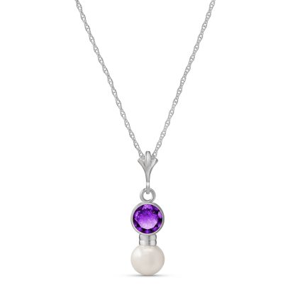 Amethyst & Pearl Pheobe Drop Pendant Necklace in 9ct White Gold