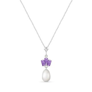 Pearl & Amethyst Imogen Ternary Detailed Pendant Necklace in 9ct White Gold