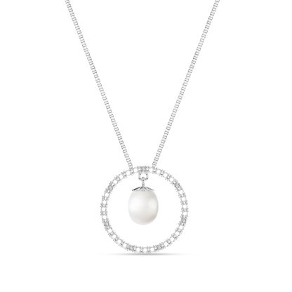 Pearl & Diamond Circle of Life Pendant Necklace in 9ct White Gold