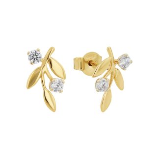 14ct Yellow Gold Cubic Zirconia Leaf Stud Earrings