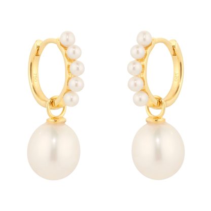 18ct Yellow Gold Fresh Water Pearl Drop Hoop Earrings