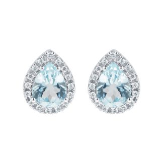 9ct White Gold Blue Topaz & Diamond Pear Halo Stud Earrings