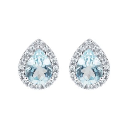 9ct White Gold Blue Topaz & Diamond Pear Halo Stud Earrings