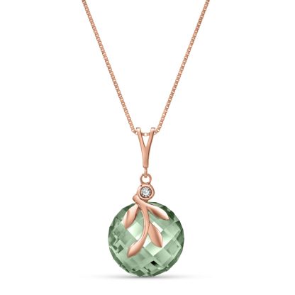 Green Amethyst & Diamond Beatrix Round Leaf Drop Pendant Necklace in 9ct Rose Gold