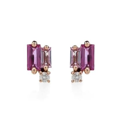 Layered 18ct Rose Gold Pink Sapphire & 0.04cttw Diamond Stud Earrings