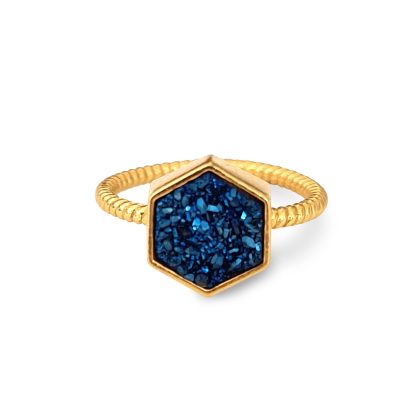 Night Sky Hexagon Statement Ring/18K Yellow Gold & Blue Titanium Druzy