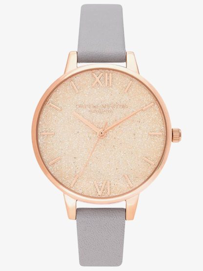 Olivia Burton Glitter Dial Pale Rose Gold and Grey Lilac Leather Strap Watch OB16GD45