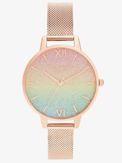 Olivia Burton Ladies RainBow Rose Gold Mesh Bracelet Glitter Dial Watch OB16RB18