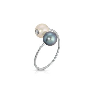 Pearl, Black Pearl & Diamond Ring in 9ct White Gold