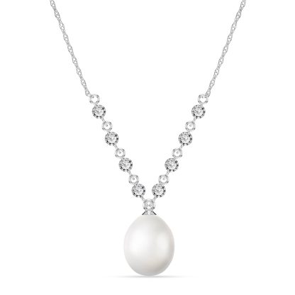 Pearl & Diamond Alice Feminine Embellished Pendant Necklace in 9ct White Gold