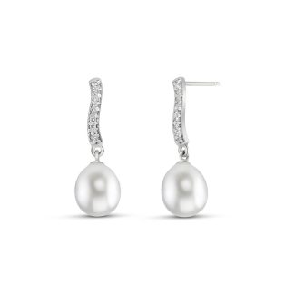 Pearl & Diamond Aurora Sleek Drop Earrings in 9ct White Gold