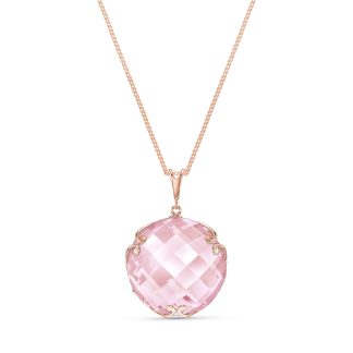 Rose Quartz Beatrix Round Chequer Pendant Necklace in 9ct Rose Gold