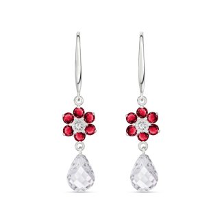 Ruby, White Topaz & Diamond Clara Daisy Drop Earrings in 9ct White Gold