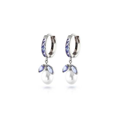 Tanzanite & Pearl Claudia Mosaic Petal Drop Huggie Earrings in 9ct White Gold