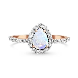 Teardrop Halo Statement Ring/18k Rose Gold with Rainbow Moonstone & White Topaz