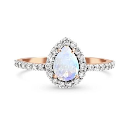 Teardrop Halo Statement Ring/18k Rose Gold with Rainbow Moonstone & White Topaz