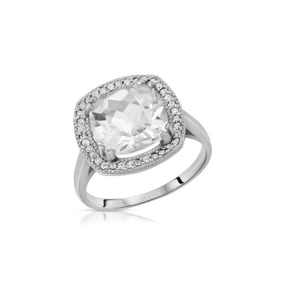 White Topaz & Diamond Imogen Statement Halo Ring in 9ct White Gold