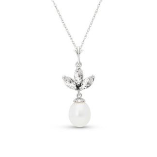 White Topaz & Pearl Aura Petal Drop Pendant Necklace in 9ct White Gold