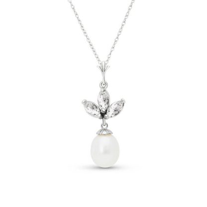 White Topaz & Pearl Aura Petal Drop Pendant Necklace in 9ct White Gold