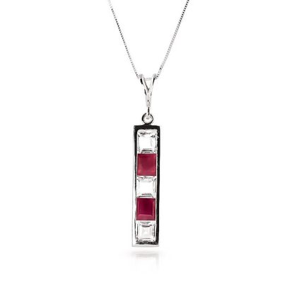 White Topaz & Ruby Hazel Vertical Bar Pendant Necklace in 9ct White Gold