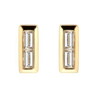 Yellow Gold Plated Silver Diamond 0.09ct Baguette Bar Stud