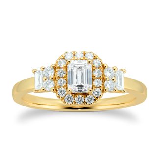 18ct Yellow Gold 0.75cttw Diamond Emerald Cut Halo Ring - Ring Size M