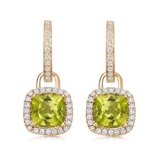 18ct Yellow Gold Mini Cushion Peridot & 0.32ct Diamond Drop Earrings