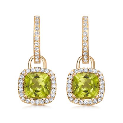 18ct Yellow Gold Mini Cushion Peridot & 0.32ct Diamond Drop Earrings