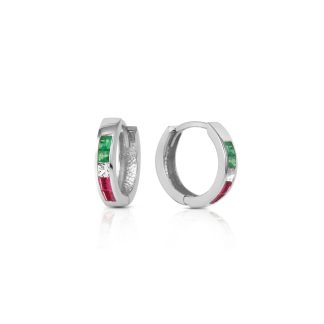 Emerald, White Topaz & Ruby Annalise Mosaic Huggie Earrings in 9ct White Gold