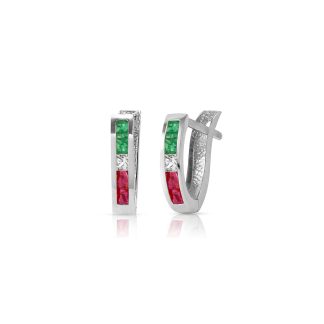 Emerald, White Topaz & Ruby Farrah Mosaic Huggie Earrings in 9ct White Gold