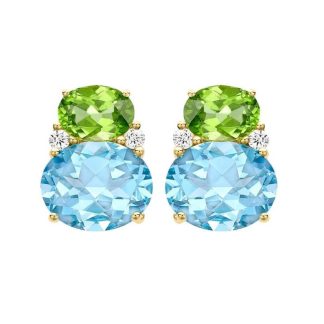 Kiki Classic 18ct Yellow Gold Peridot, Blue Topaz Double Oval & 0.12cttw Diamond Studs