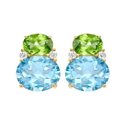 Kiki Classic 18ct Yellow Gold Peridot, Blue Topaz Double Oval & 0.12cttw Diamond Studs